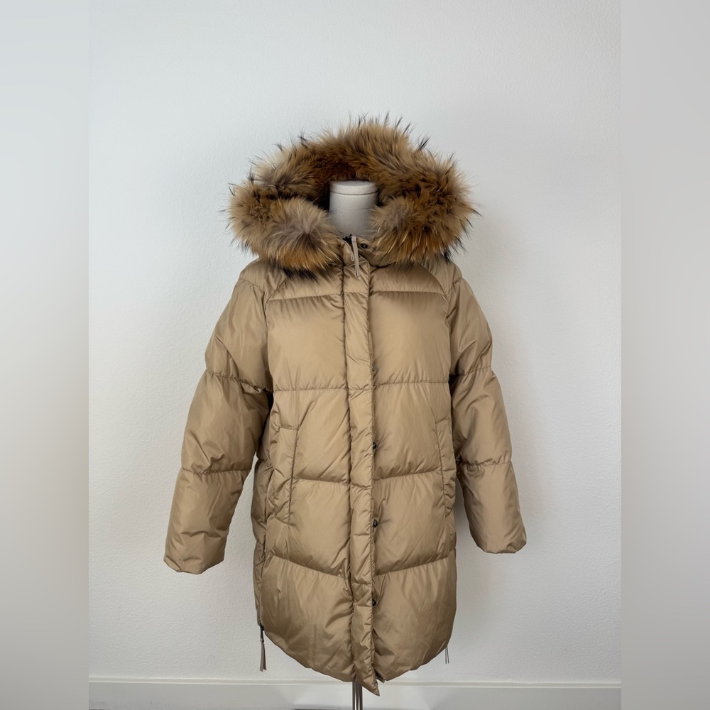 Max Mara Weekend Down Puffy Parka Fur Hood Coat Carmel US Size 4 / Small- Stain